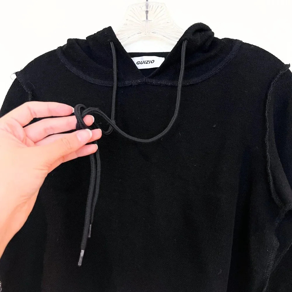 GUIZIO Black Reverse Stitch Cropped Pullover Hooded Designer Sweatshirt XS - Picture 5 of 9